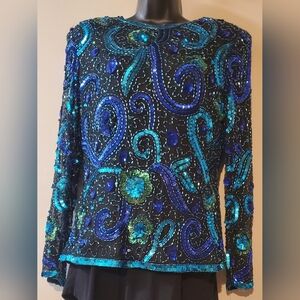 NWT Silk Hand Beaded Stenay Black and Blue Blouse Vintage Sz S